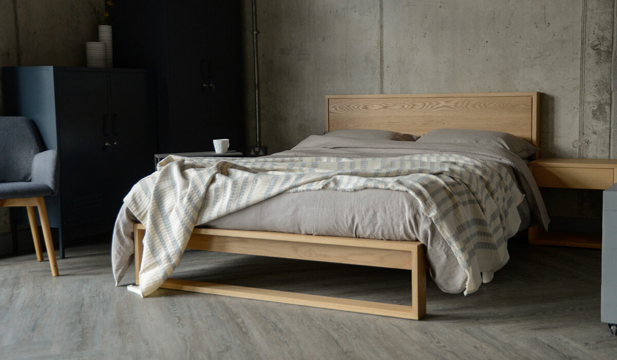 oak Leith bed with ivory and grey bedspread