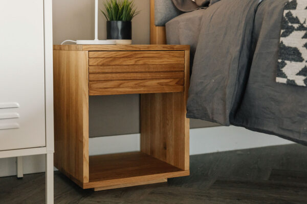 oak bedside table with grooved drawer front detail