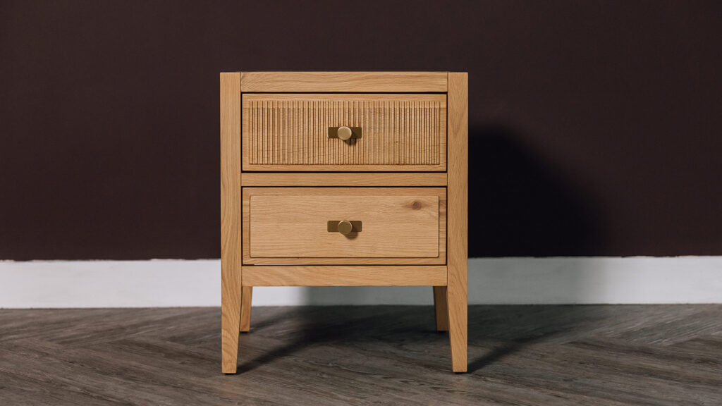 Front of the Deco Reeded Oak 2 Drawer Table