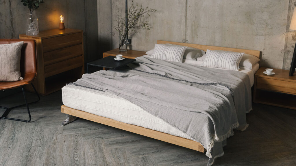 oak kumo with kantha bedspread and textured grey bedspread