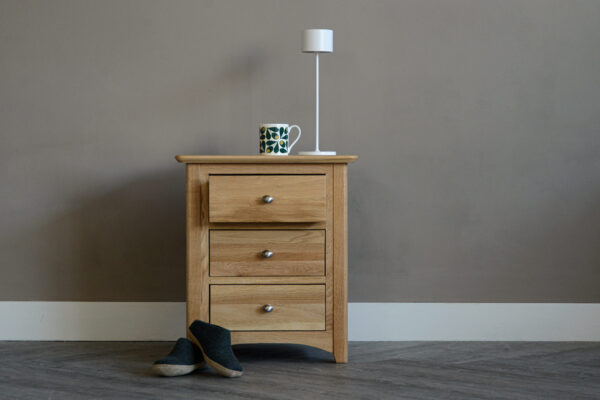 oak three drawer bedside chest