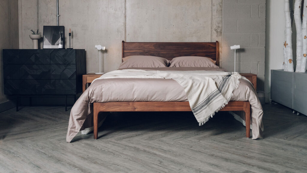 oiled walnut camden bed wirh black ethnicraft chest of drawers