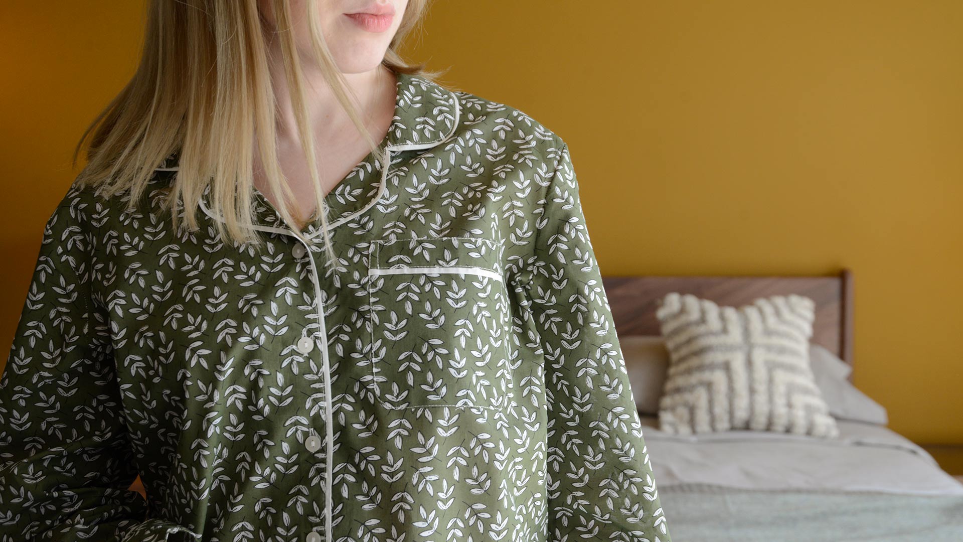 olive and ivory block print pyjamas