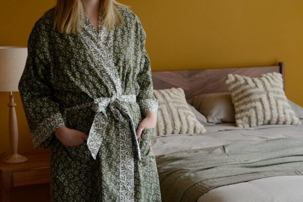 olive green block print robe