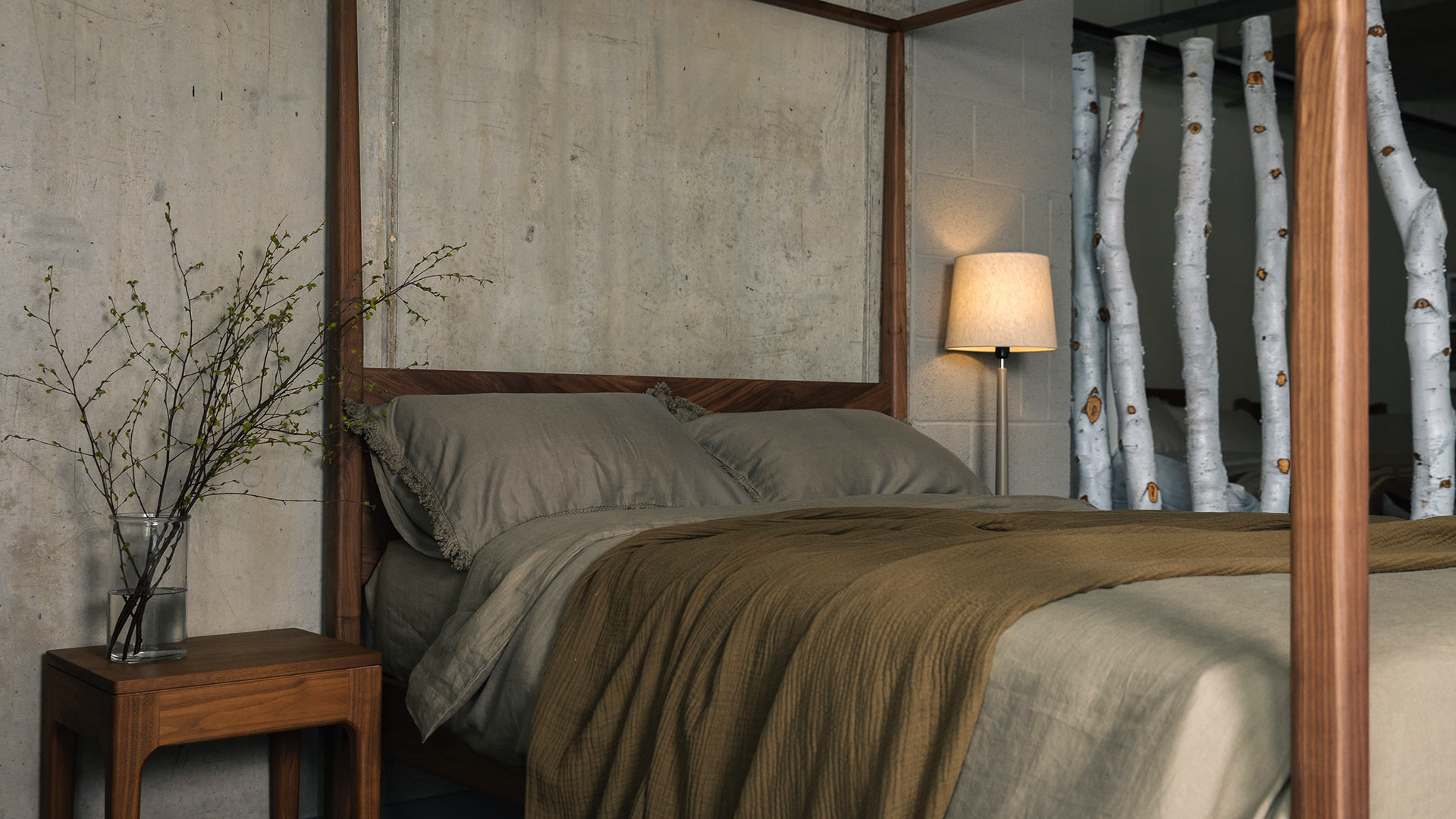 olive linen bedding with khaki throw