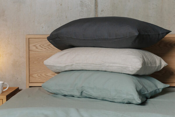 organic linen bedding in grey beige and green 1