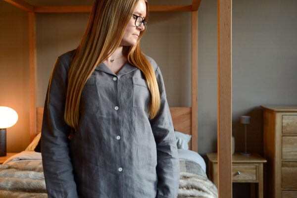organic linen pjs on amanda with cherry kelham