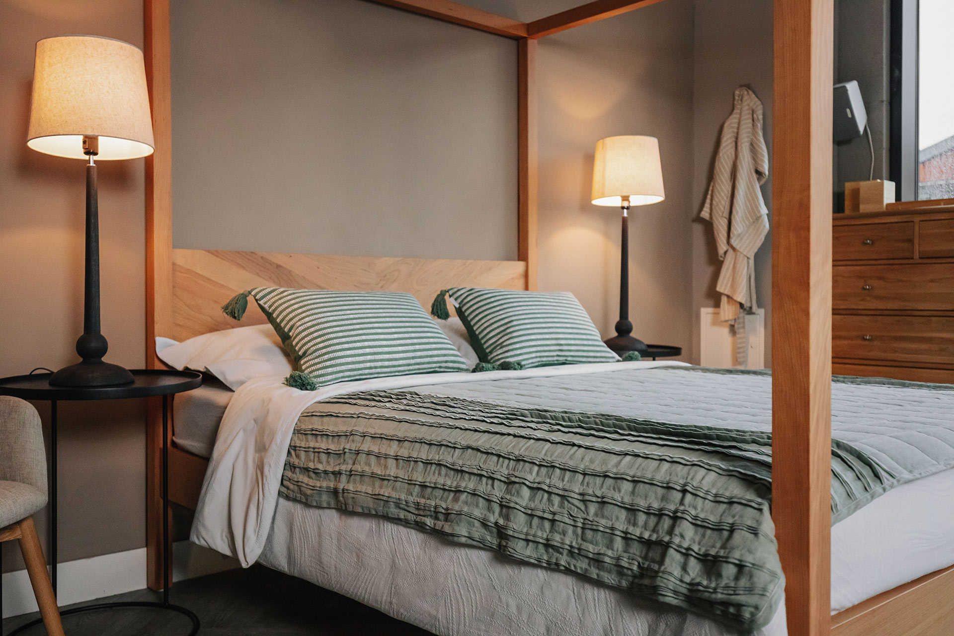 organic linen throw in green with classic lamps