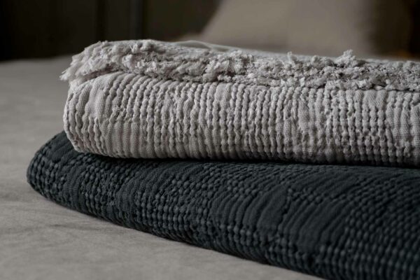 patterned waffle style bedspreads and throws in black and dove grey