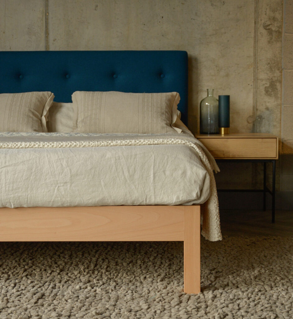 pin arran bed in beech with blue headboard