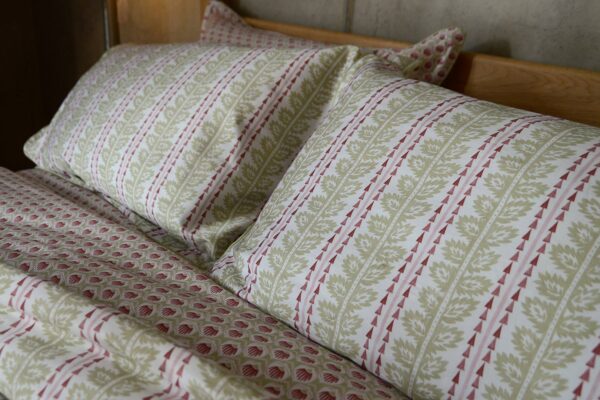 pink green printed bedding