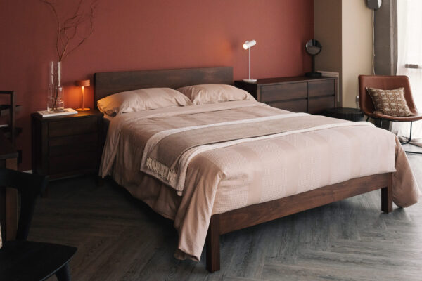 plaster colour bedding on smoked walnut malabar bed