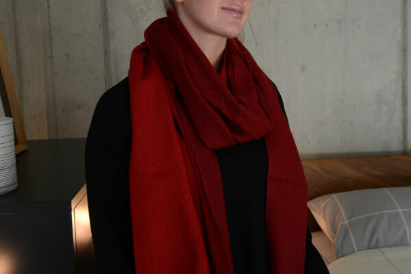 reversible red lambswool scarf on maddie