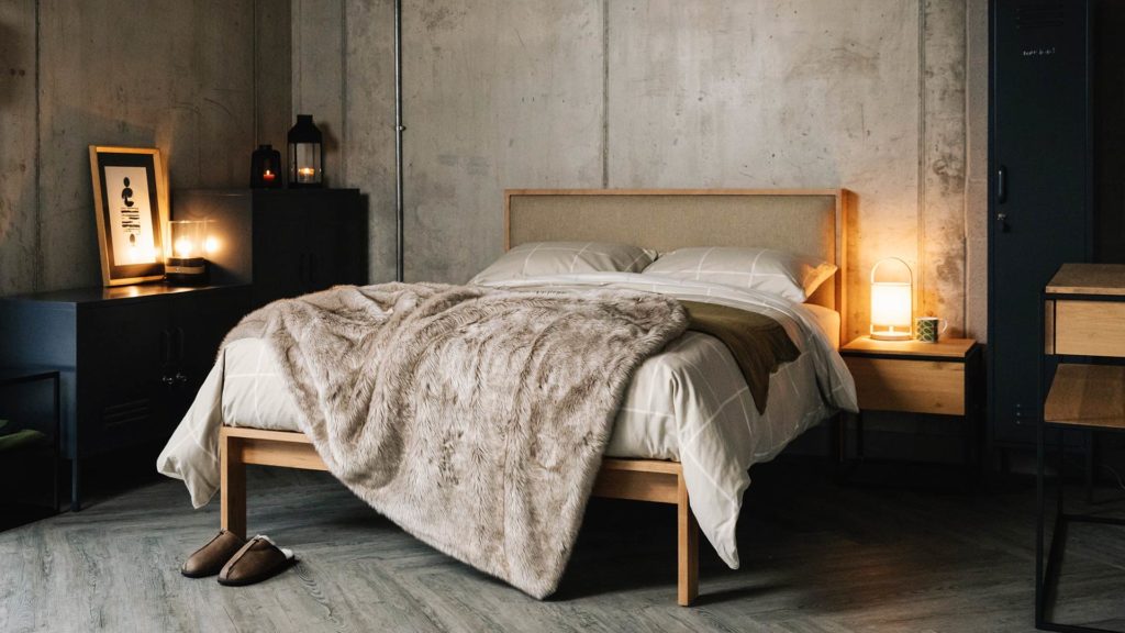 scandinavian style bedrooom with cherry shetland bed