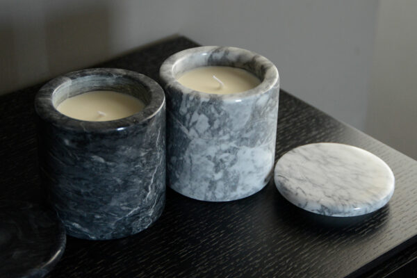 scented candles in marble pots