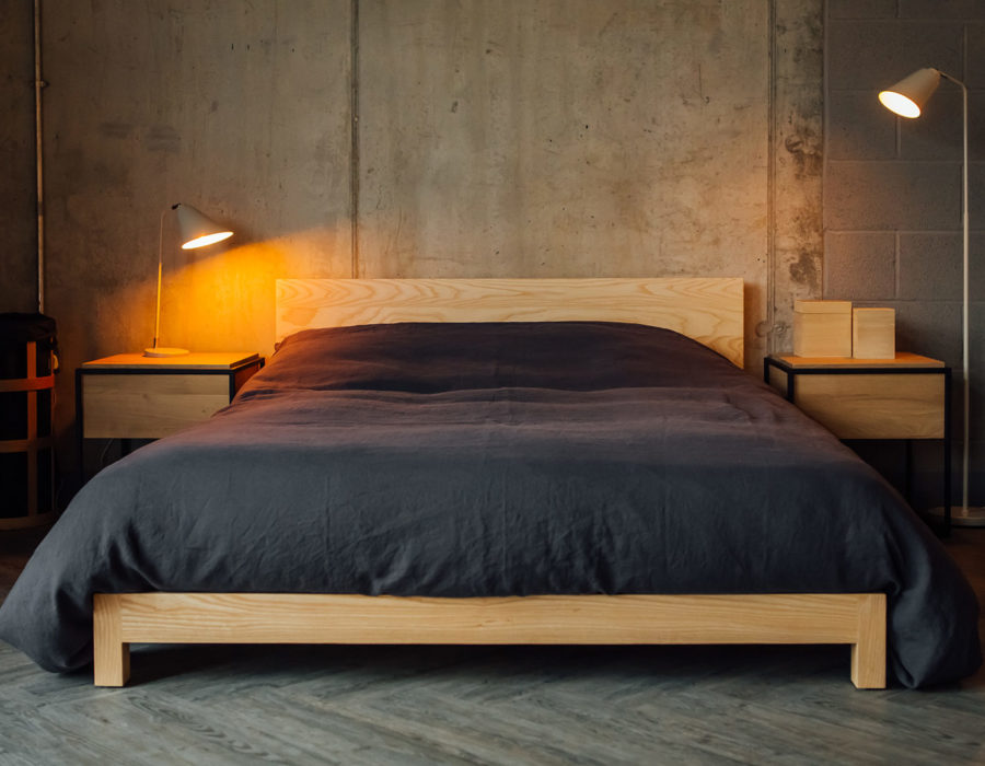 slate linen bedding on ash sonora bed
