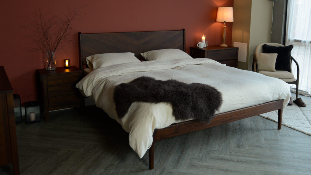 smoked walnut super king hoxton with black lotus shaker furniture and ecru linen