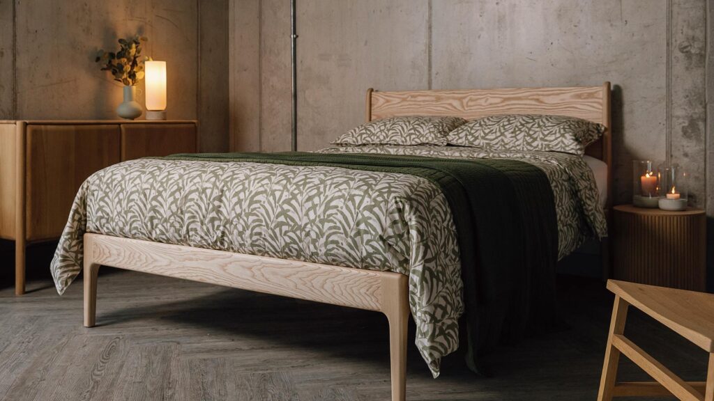 Handmade Camden bed in solid ash timber. Photographed with Wild Ink bedding with green leaf print.