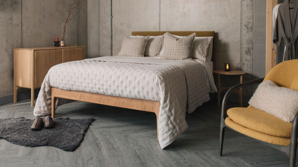 stone quilted bedspread on Bloomsbury bed