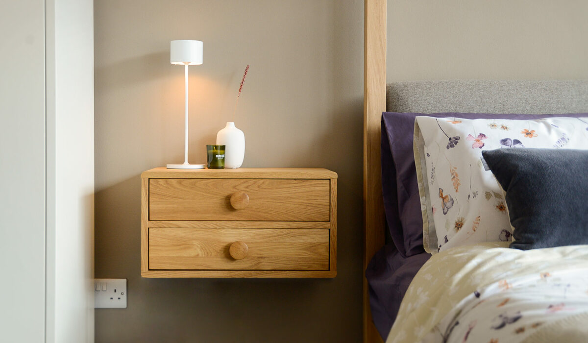 wall mounted two drawer oak bedside table main view
