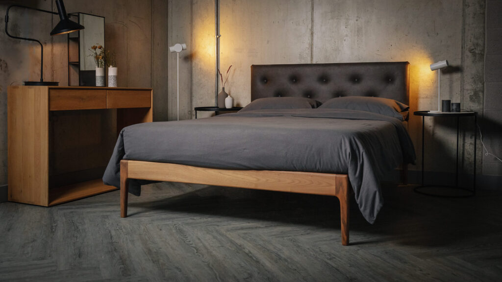 walnut Bloomsbury bed with brushed cotton bedding