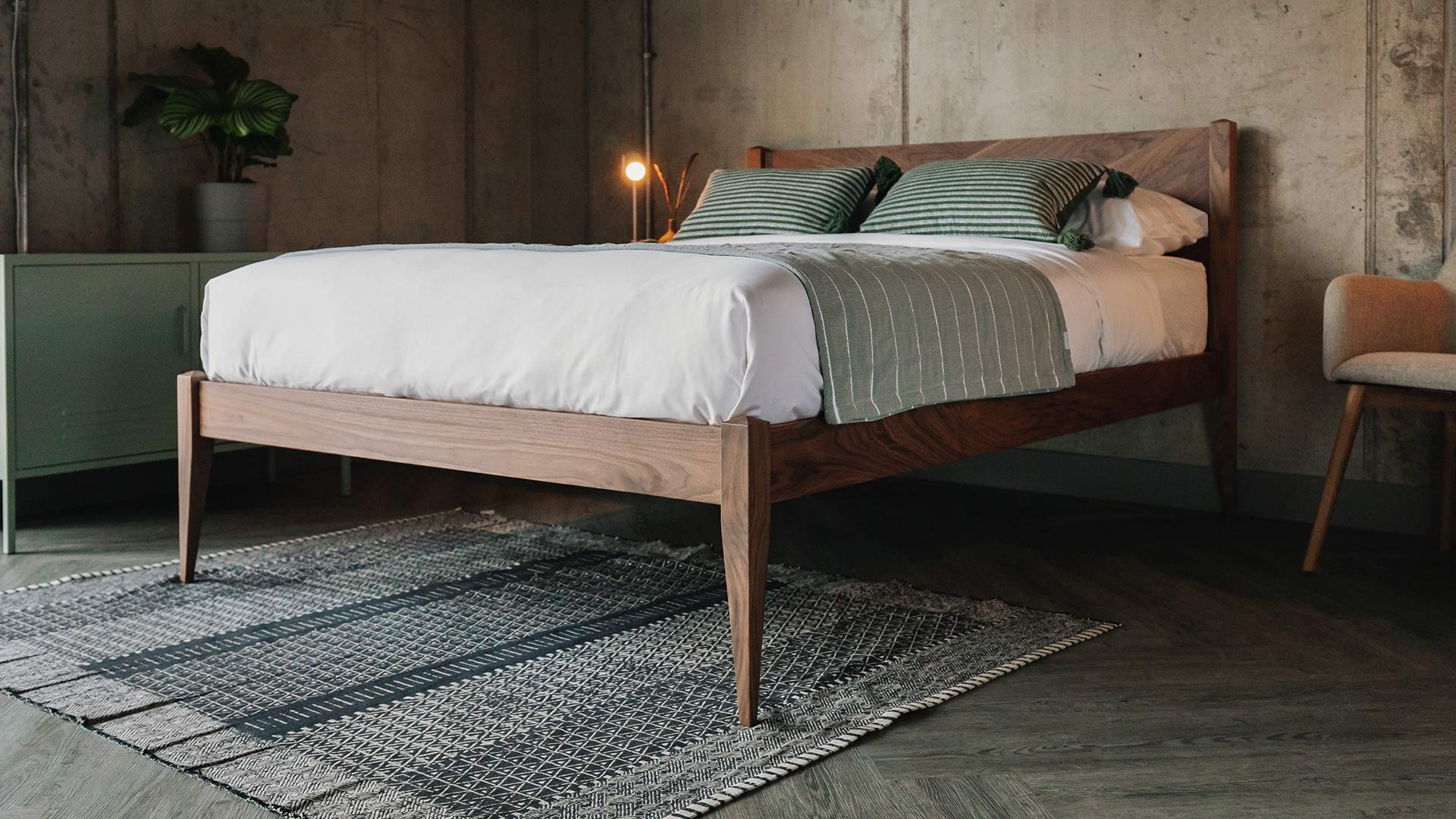 walnut Dalston bed with chevron headboard 1920