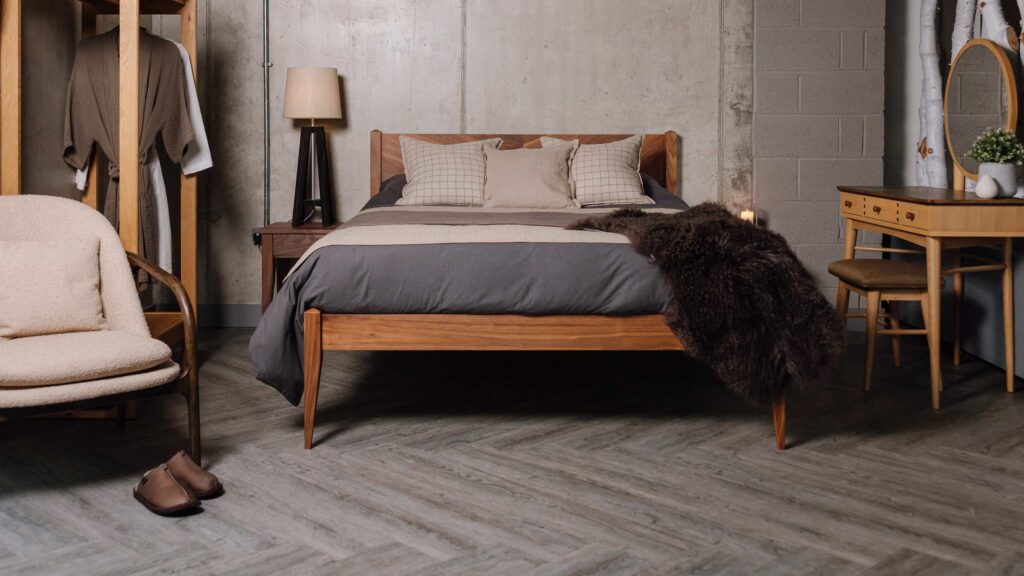walnut Dalston bed with chocolate sheepskin throw scaled