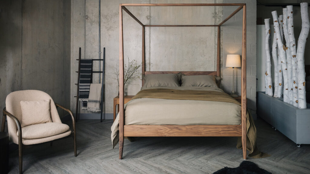 walnut Harrow 4 poster bed with olive bedding