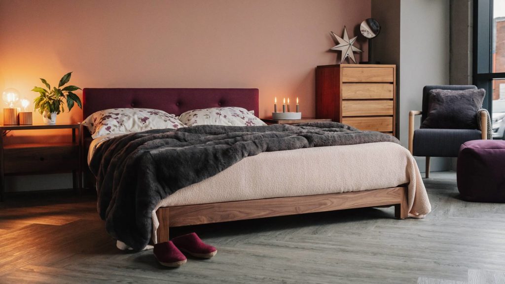 walnut Iona with walnut Spindle bedside units