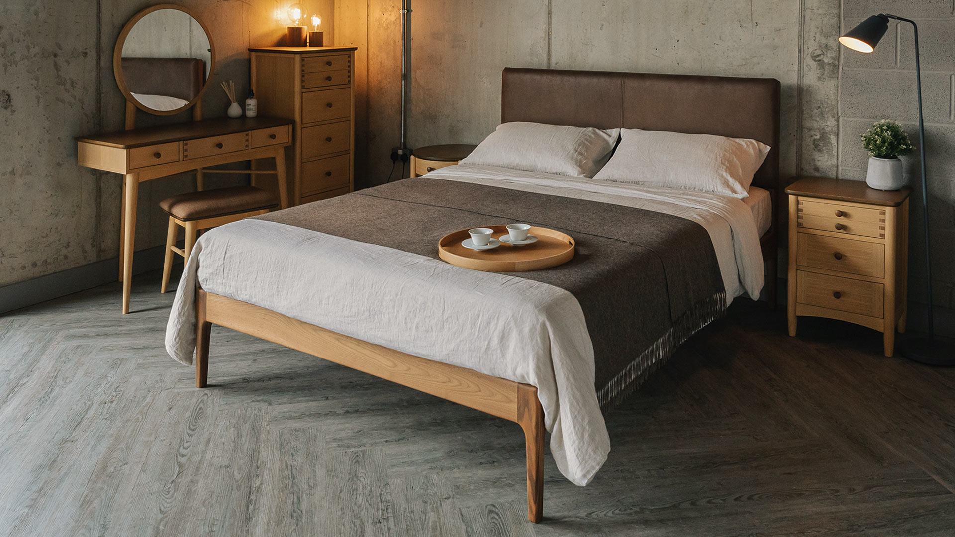 walnut bed with faux leather headboard oak and stained oak furniture