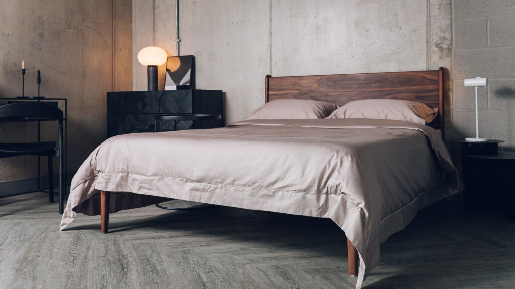 walnut camden bed with mink sateen bedding