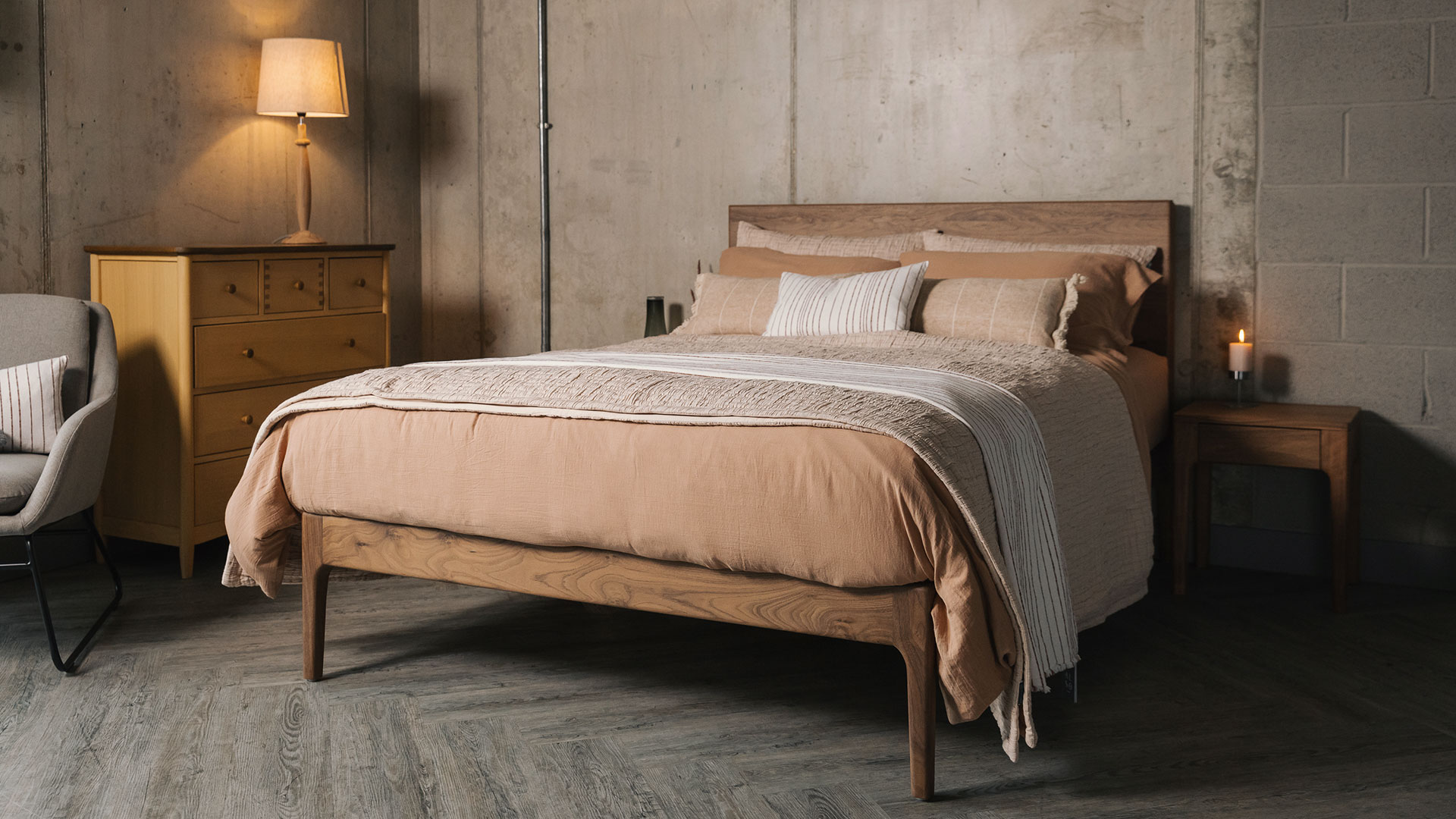 walnut chiswick bed with blush colour bedding