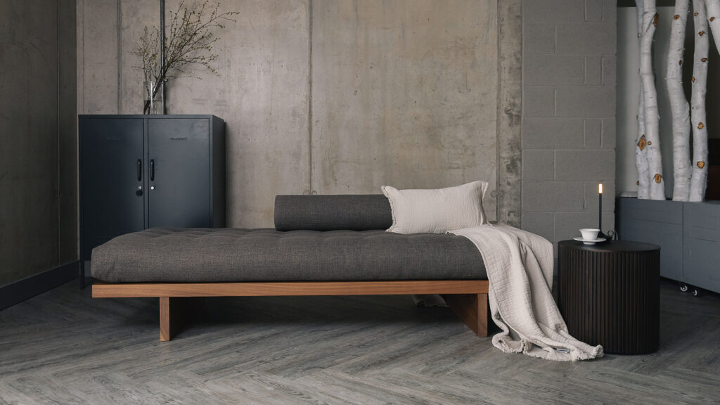 walnut daybed with taupe upholstery