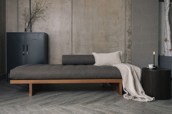 walnut daybed with taupe upholstery