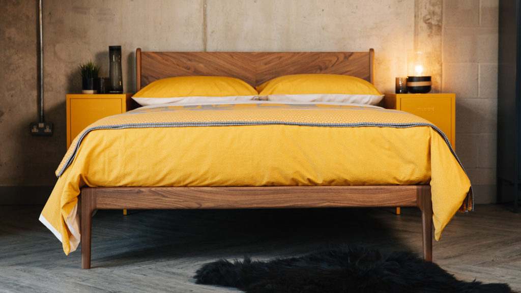 walnut hoxton bed front turmeric duvet set