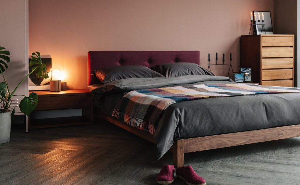 walnut iona bed with lockers and walnut bedsides