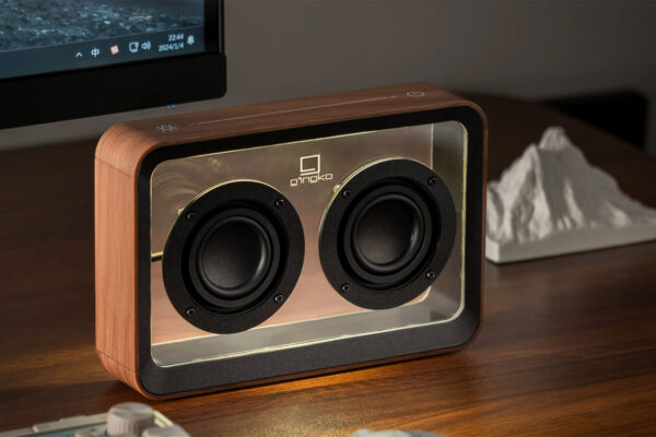 walnut mage speaker and light illuminated