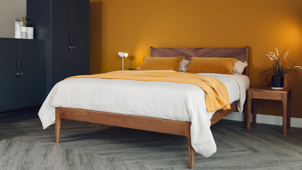 walnut mid height hoxton bed with ochre accessories