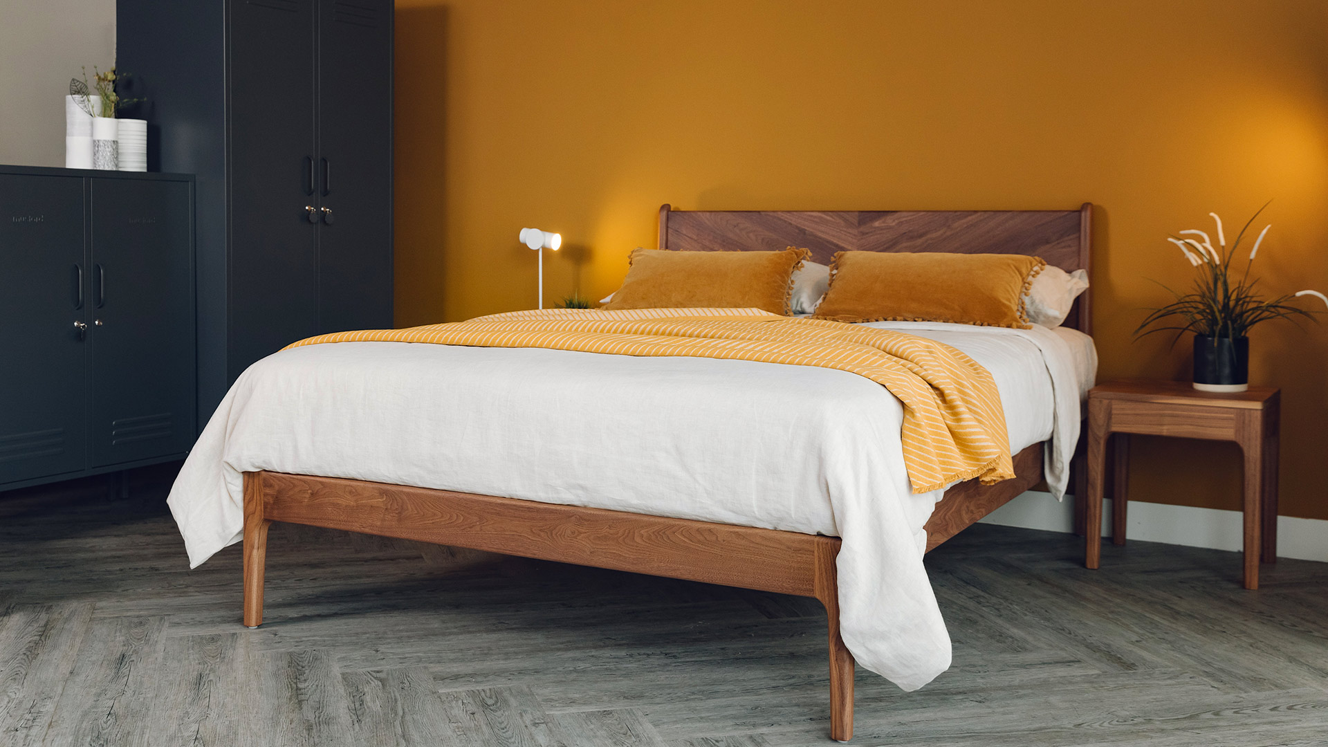 walnut mid height hoxton bed with ochre accessories