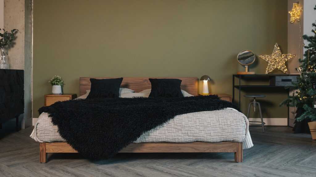 walnut superking sonora bed with black and grey bedding