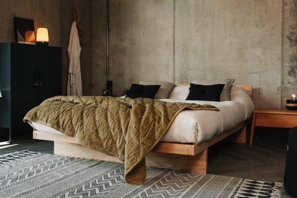 warm green velvet throw on kyoto low bed