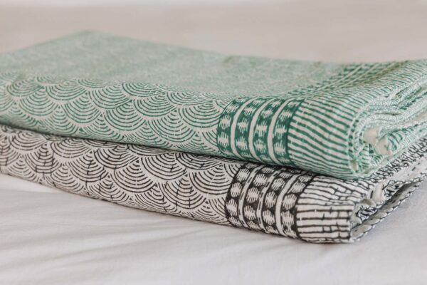 2 Kantha Style bedspreads neatly folded and stacked. Bottom one with a grey block print, top green.