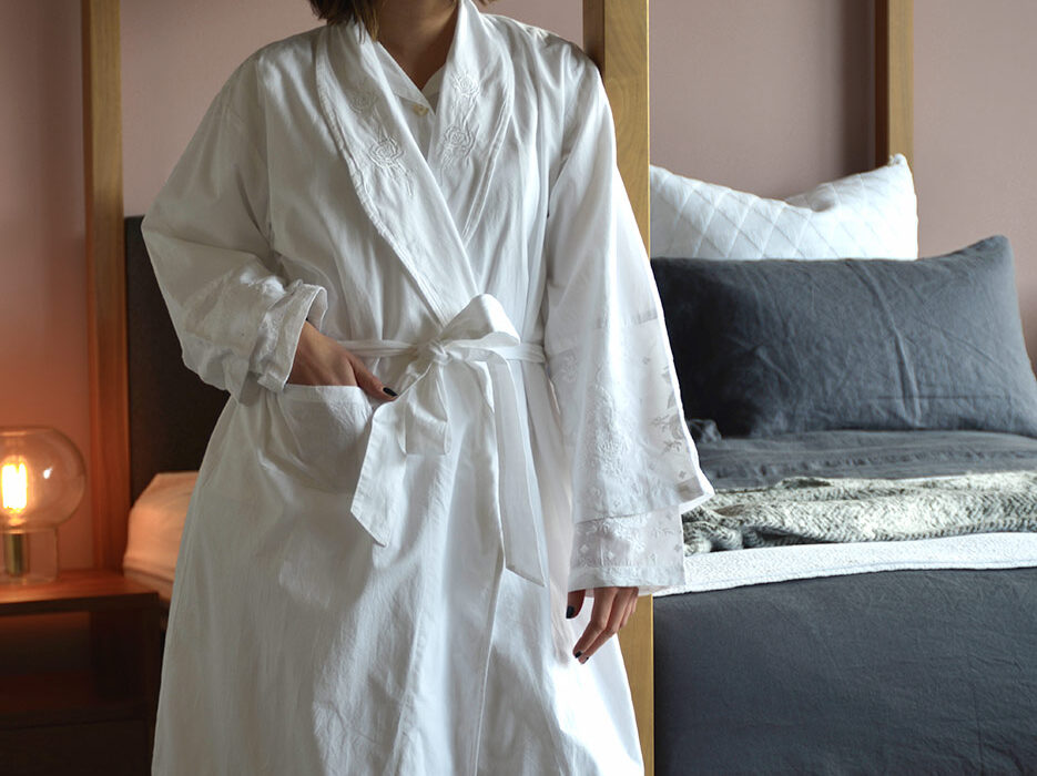 Embroidered White Robe White Rose Embroidered Dressing Gown | Natural Bed Company