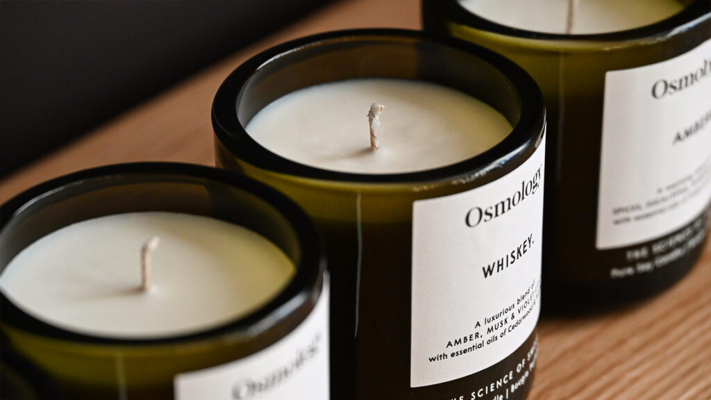 osmology candles. Whisky sent in focus.