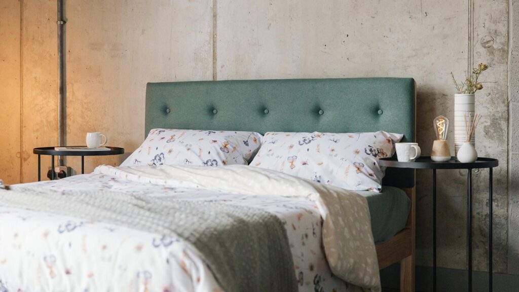 wild flower print duvet set on green Arran bed