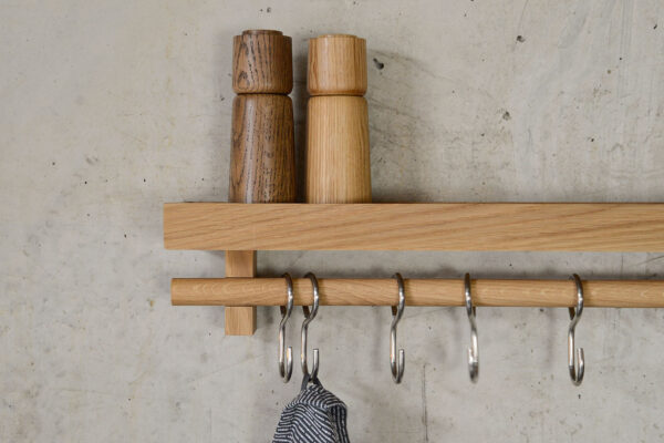 wireworks oak wall mounted utencil shelf with stainless steel hooks